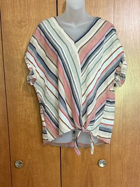 Sandy & Sid Cotton Linen Blend Colorful Striped Tie-Front V-Neck Top XL Like New